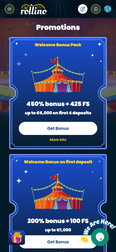 Rollino Casino mobile promotions area with the welcome offer and free spins