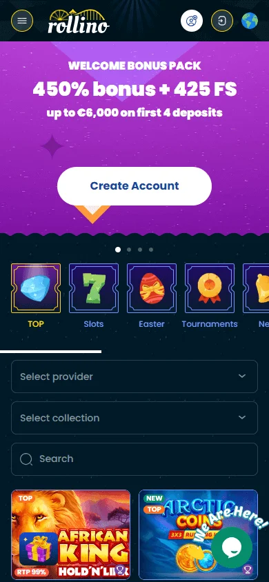 Rollino Casino mobile games area with casino and live game categories