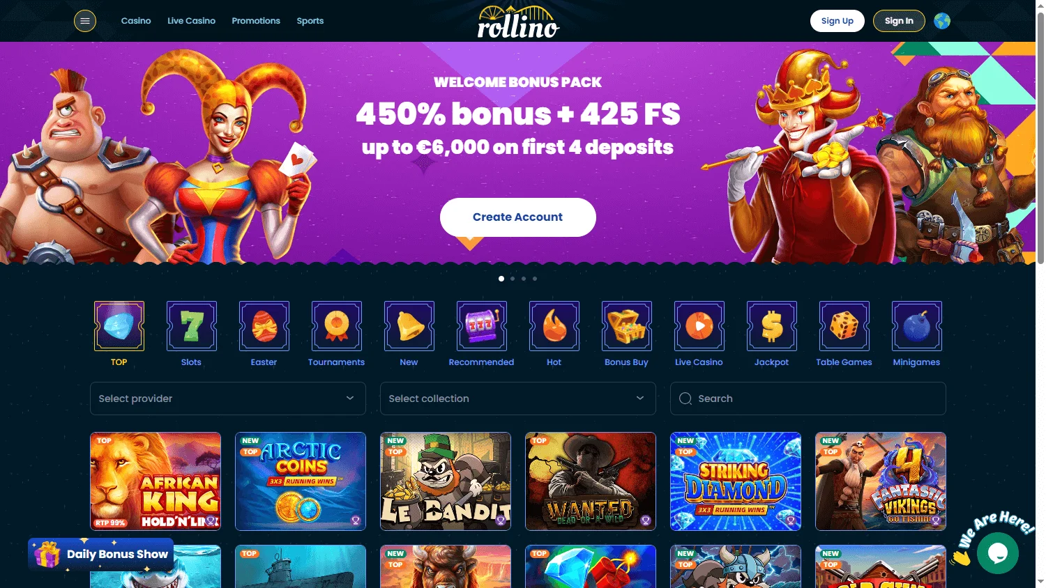 Rollino Casino desktop games area with pokies, live casino and betting categories