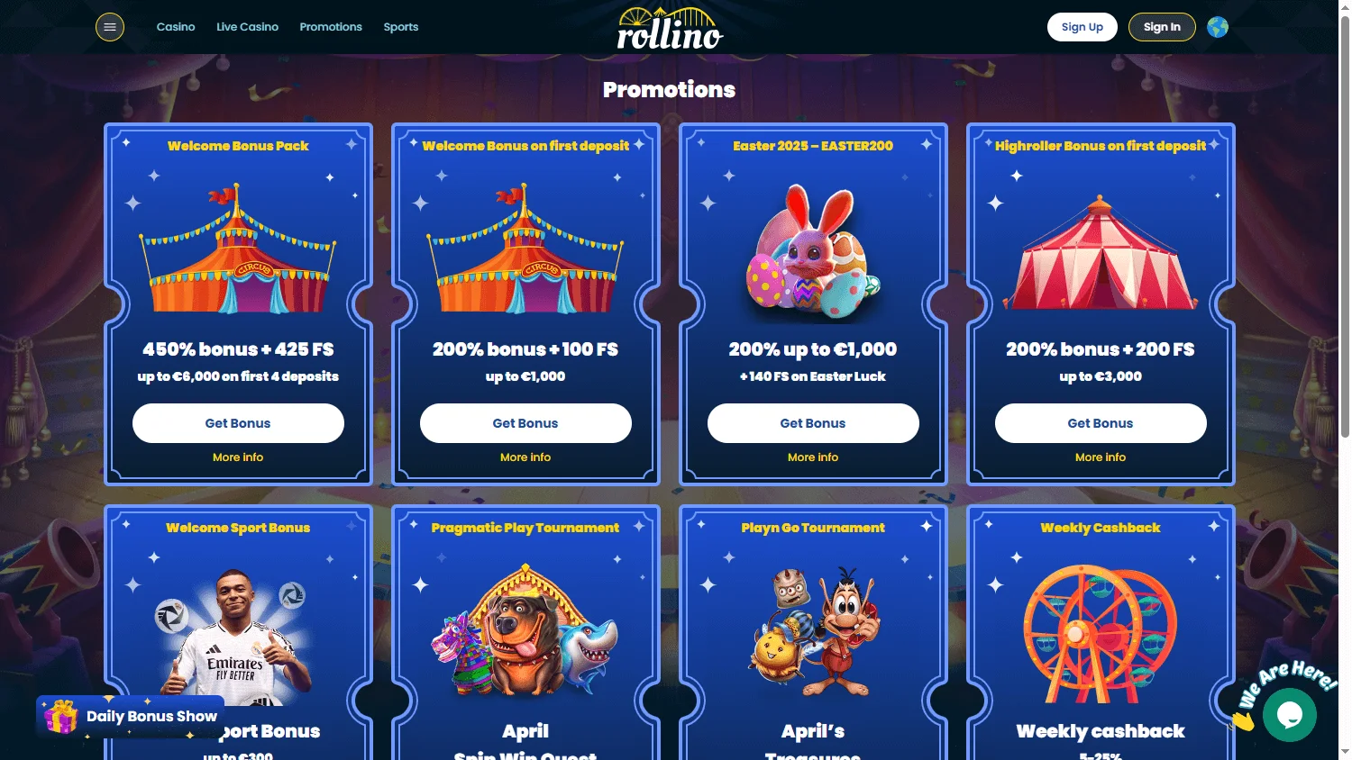 Rollino Casino desktop promotions area with deposit bonuses and free spins