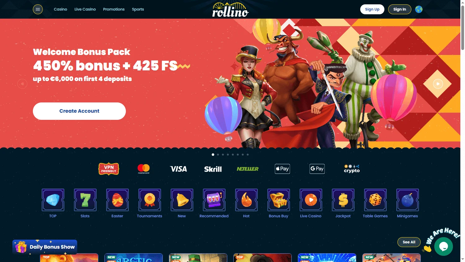 Rollino Casino desktop home with the first-deposit offer and casino and betting options